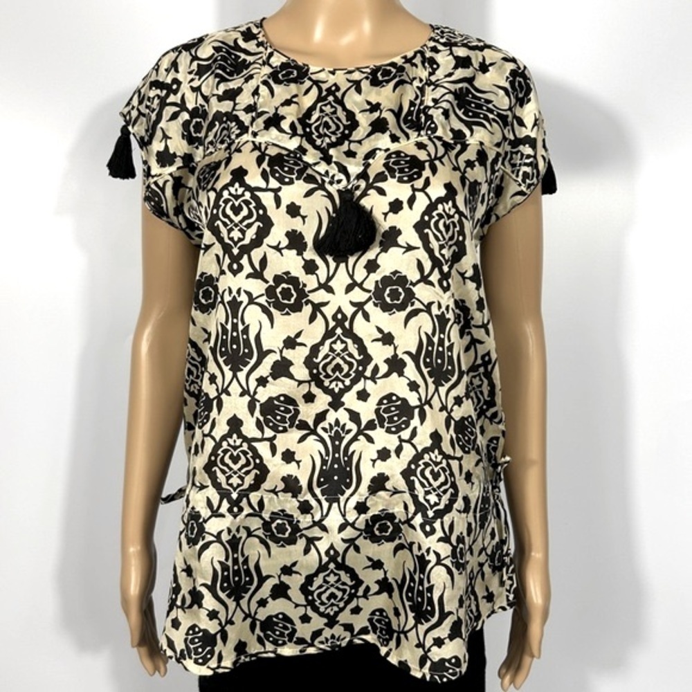 Women’s FIGUE Ivory/Black Floral Short Sleeve Silk Blouse With Tassels Size XS